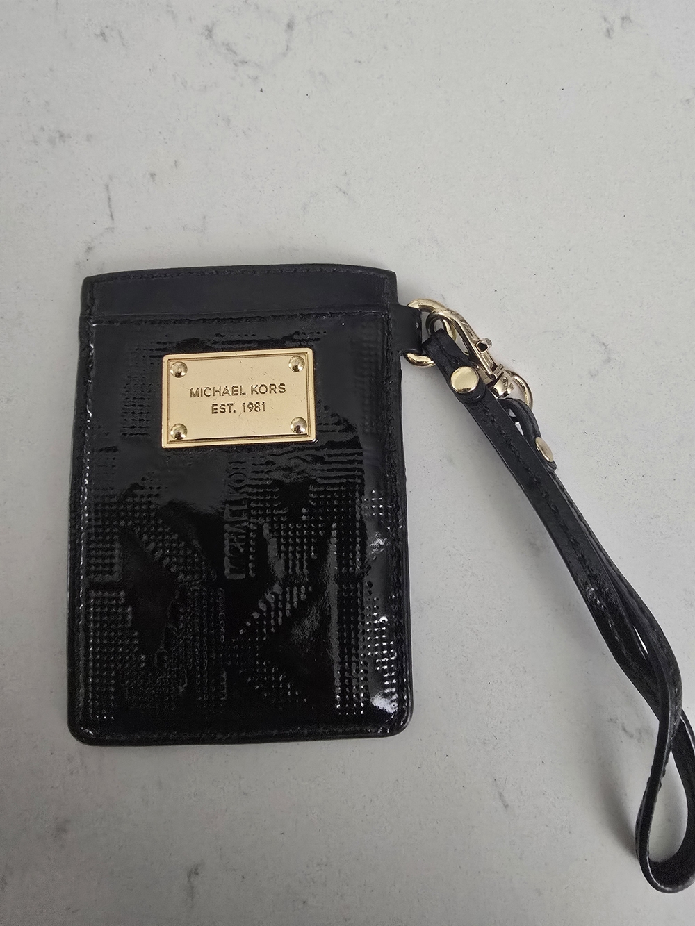 Michael Kors Black Patent Card Case with Gold Plate and Wristlet